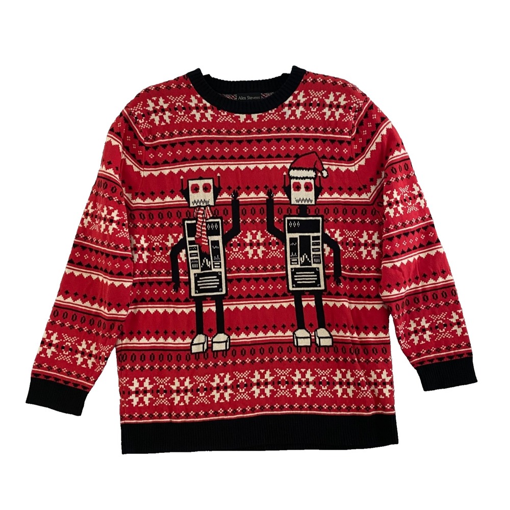 Alex Stevens Robot Ugly Christmas Sweater Men's XXL Red/White/Black‎ Crew Neck